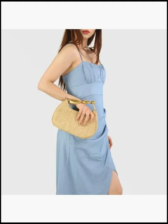 Boho Chic Woven Straw Hobo Tote Handbag Mini Summer Beach Purse - Picture 2 of 7